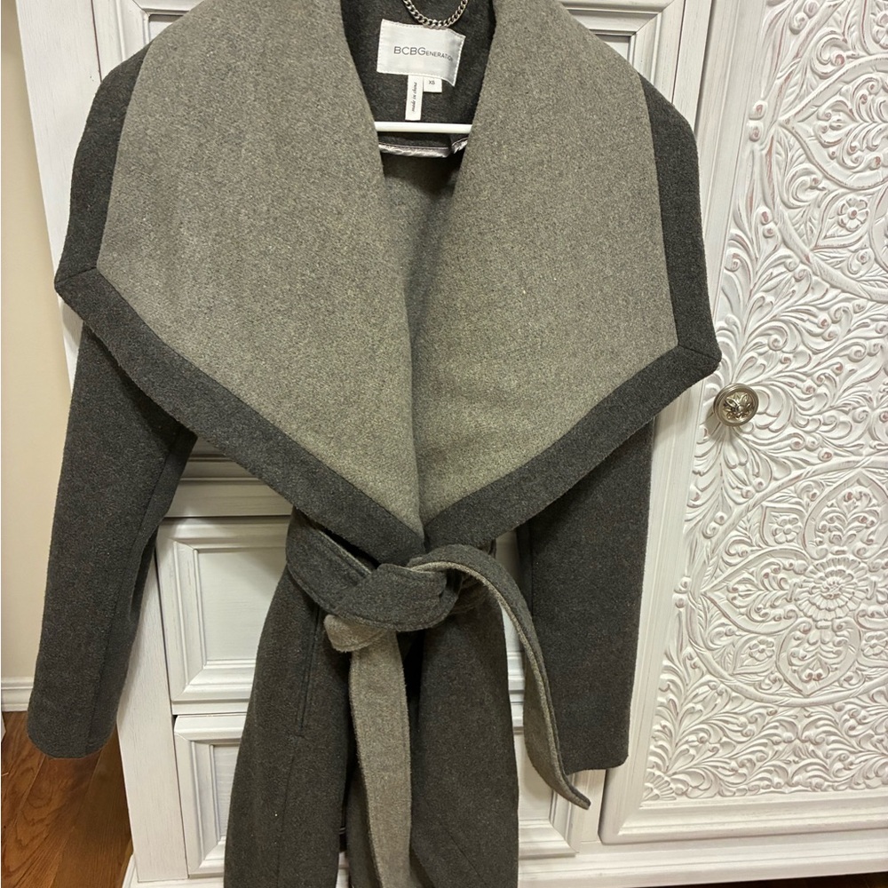 BCBGeneration Two-Tone Gray Shawl Collar Wrap Coat